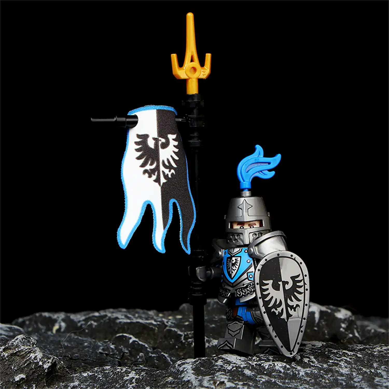 Minifigure Black Falcon Knight along with a battle standard LEGO Alternative Minifigure Black Falcon Knight along with a battle standard LEGO Alternative