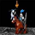 Black Falcon Knight and warhorse and flag - Custom Printed Brick Block Figure