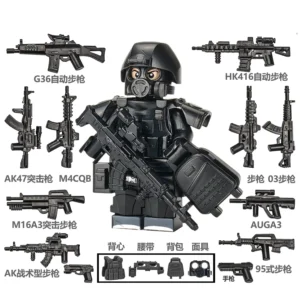 Minifigure - Special Forces Soldier all black with weapon custom pieces (LEGO Alternative) Minifigure - Special Forces Soldier all black with weapon custom pieces (LEGO Alternative)