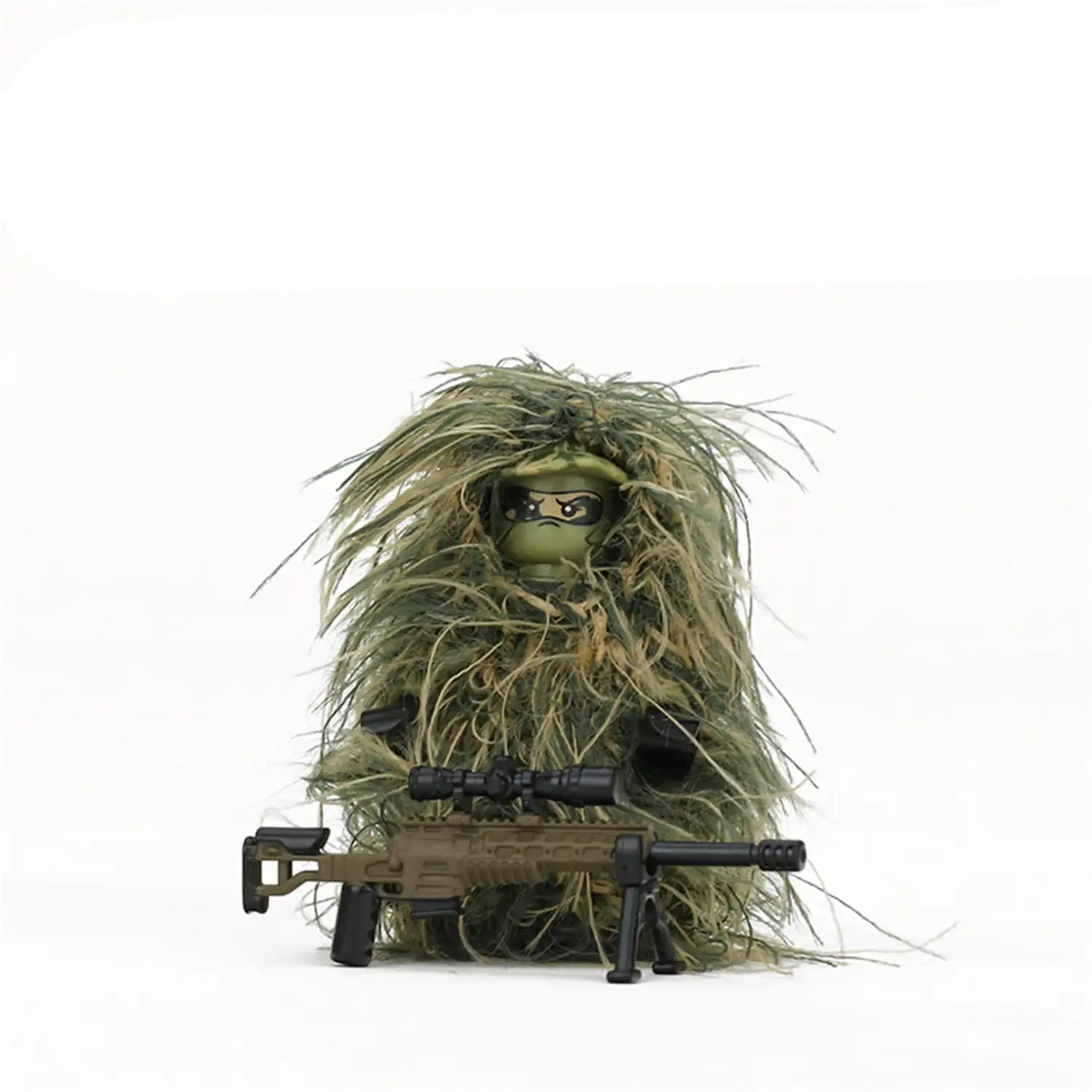 Minifigure - all terrain sniper equipped with a dark sand colored XM2010 sniper rifle and a ghillie suit (LEGO Alternative)