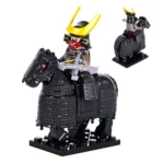 samurai warrior in black armor and a black warhorse - Custom Printed Brick Block Figure