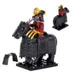 samurai warrior in red and black armor and a black warhorse - Custom Printed Brick Block Figure