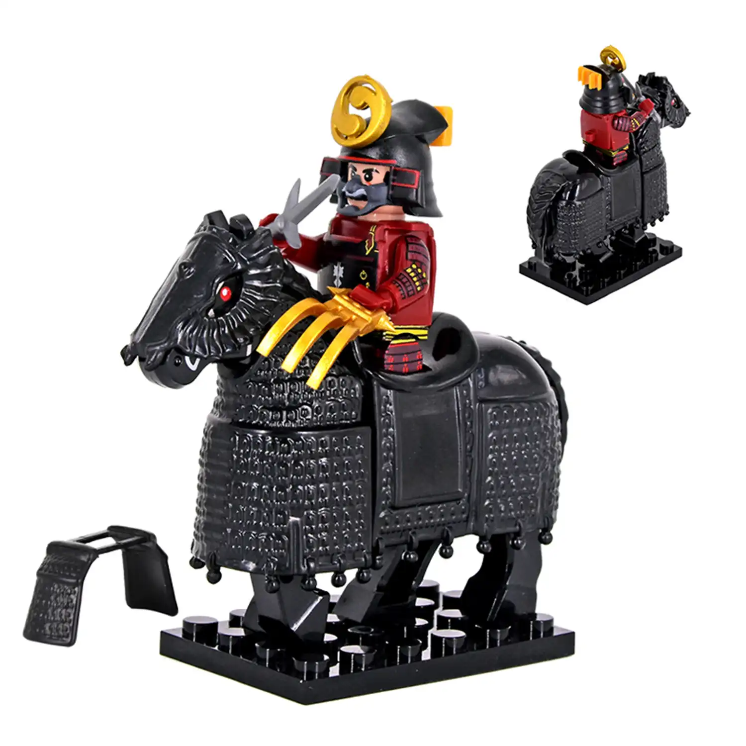 Minifigure samurai warrior in red and black armor and a black warhorse LEGO Alternative Minifigure samurai warrior in red and black armor and a black warhorse LEGO Alternative