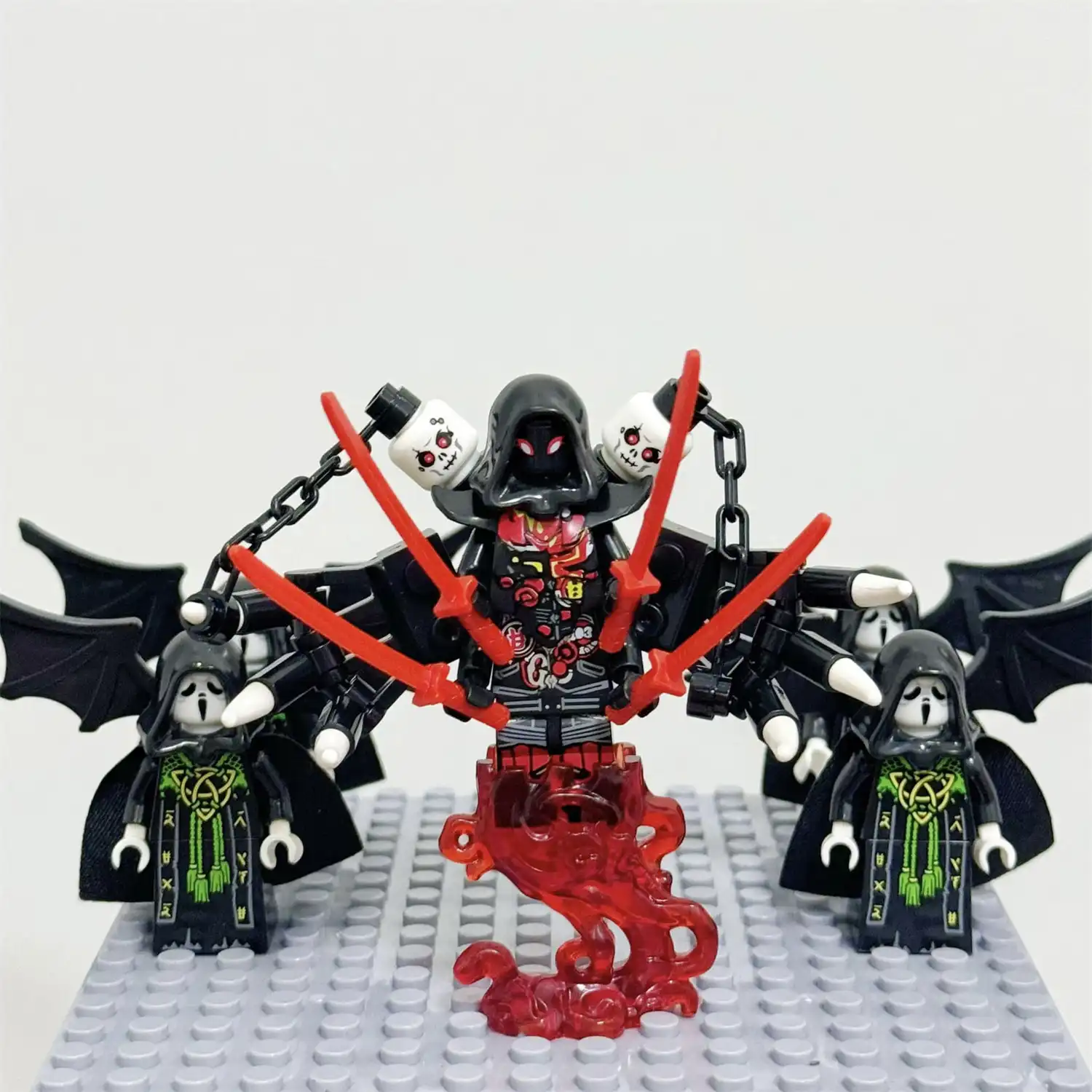 Minifigure – lord of the underworld death related deity demon and 4 attendants cultists guardians (LEGO Alternative) Minifigure – lord of the underworld death related deity demon and 4 attendants cultists guardians (LEGO Alternative)