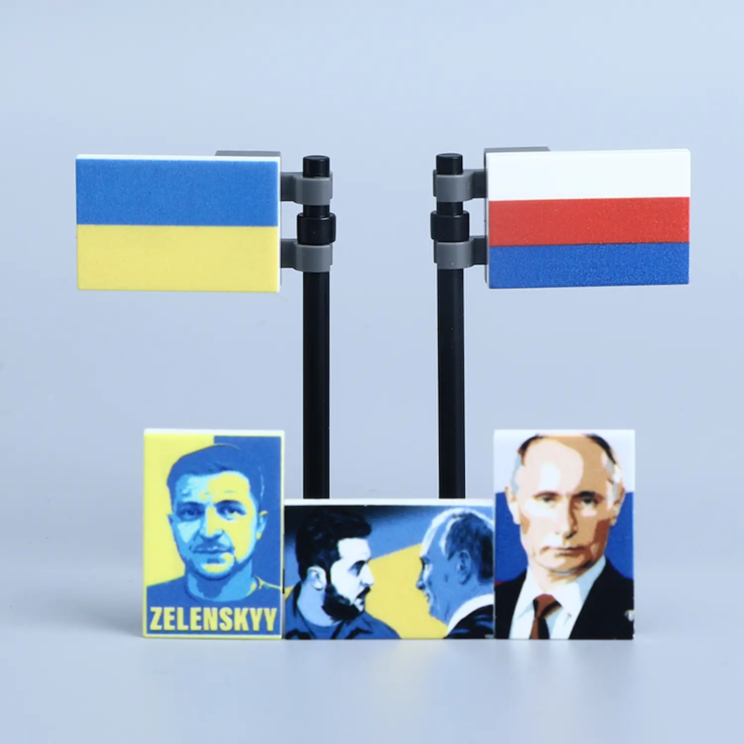 Custom Piece – Russo Ukrainian flag with printed tiles – 3D Print for LEGO Minifigure blue background 2Russo Ukrainian flag with printed tiles - Custom 3D Printed Miniature Accessory Parts Pieces for Brick Block Figures