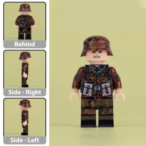 Minifigure - German soldier wearing a complete combat uniform in the Erbsenmuster (pea dot pattern) camouflage from World War II (LEGO Compatible) Minifigure - German soldier wearing a complete combat uniform in the Erbsenmuster (pea dot pattern) camouflage from World War II (LEGO Compatible)