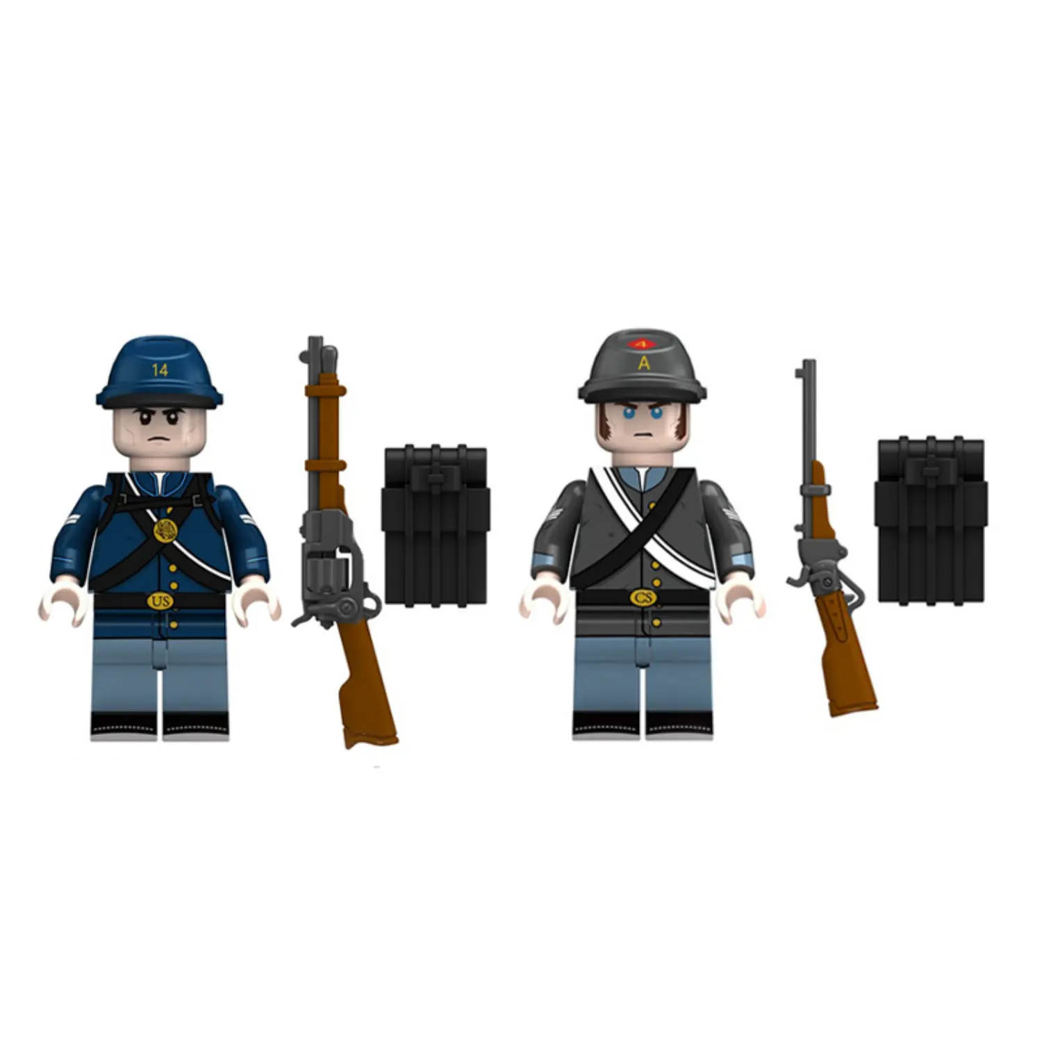 the front of Minifigure - opposing soldiers from the American Civil War, Confederate soldier and Union soldier (LEGO Compatible) Minifigure - opposing soldiers from the American Civil War, Confederate soldier and Union soldier (LEGO Compatible)