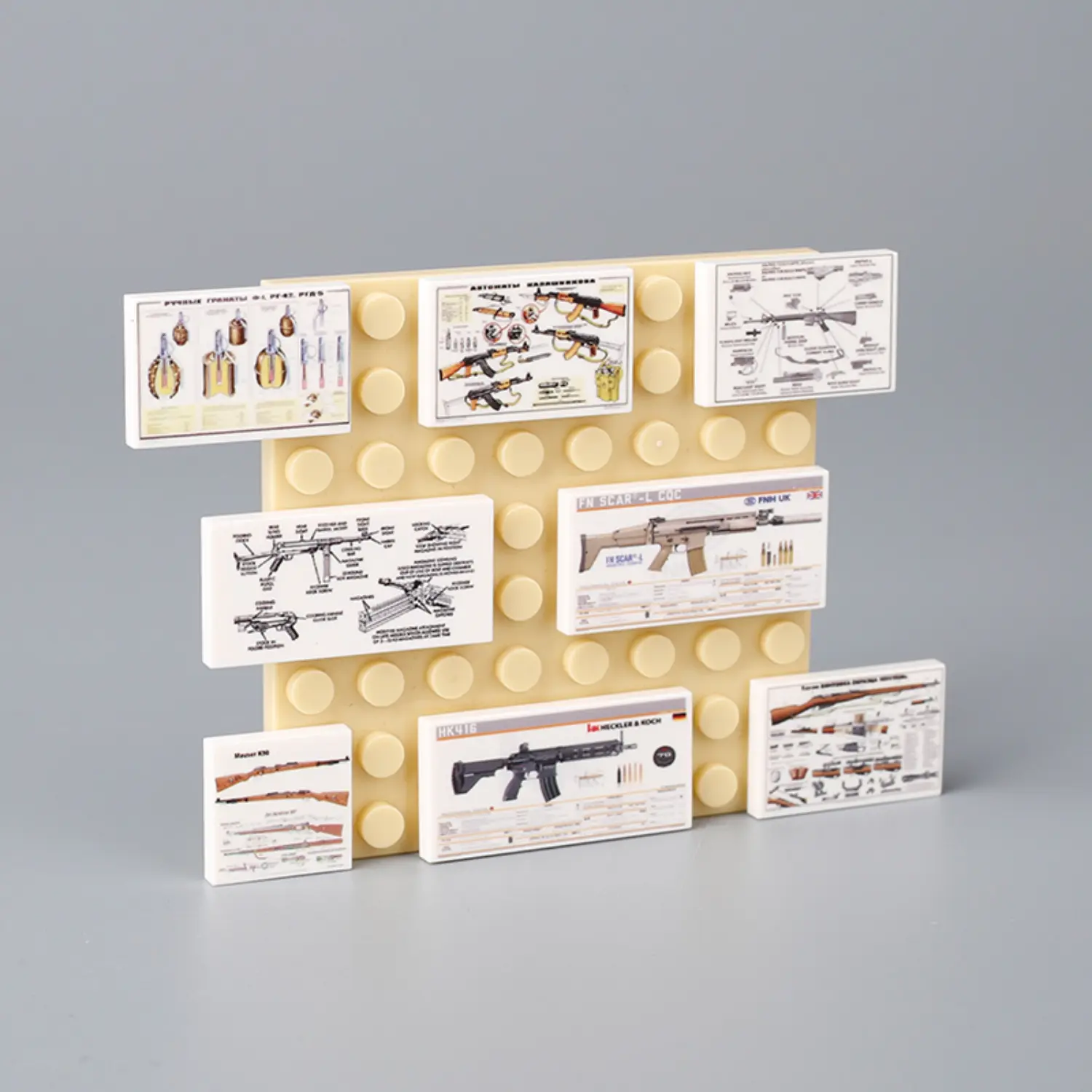 Custom Piece Miniature – a technical diagram, specification sheet, or poster of various real-world firearms and weapons – 3D Print for LEGO minifigure on the yellow lego baseplate Custom Piece Miniature – a technical diagram, specification sheet, or poster of various real-world firearms and weapons – 3D Print for LEGO minifigure on the yellow lego baseplate