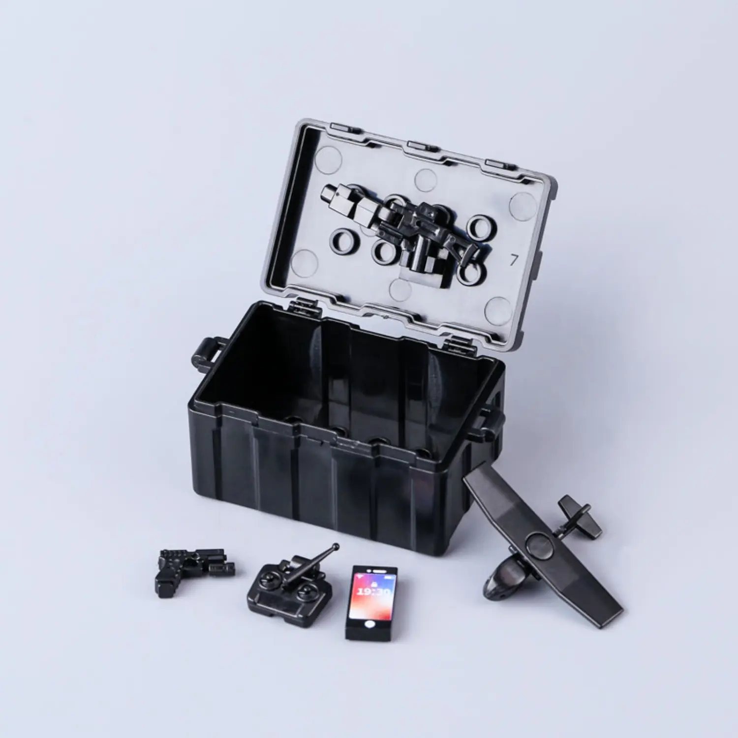 Custom Piece Miniature – military UAV (Unmanned Aerial Vehicle) system fixed-wing attack or reconnaissance drone, all in a stealthy black color – 3D Print for LEGO minifigure opened Custom Piece Miniature – military UAV (Unmanned Aerial Vehicle) system fixed-wing attack or reconnaissance drone, all in a stealthy black color – 3D Print for LEGO minifigure