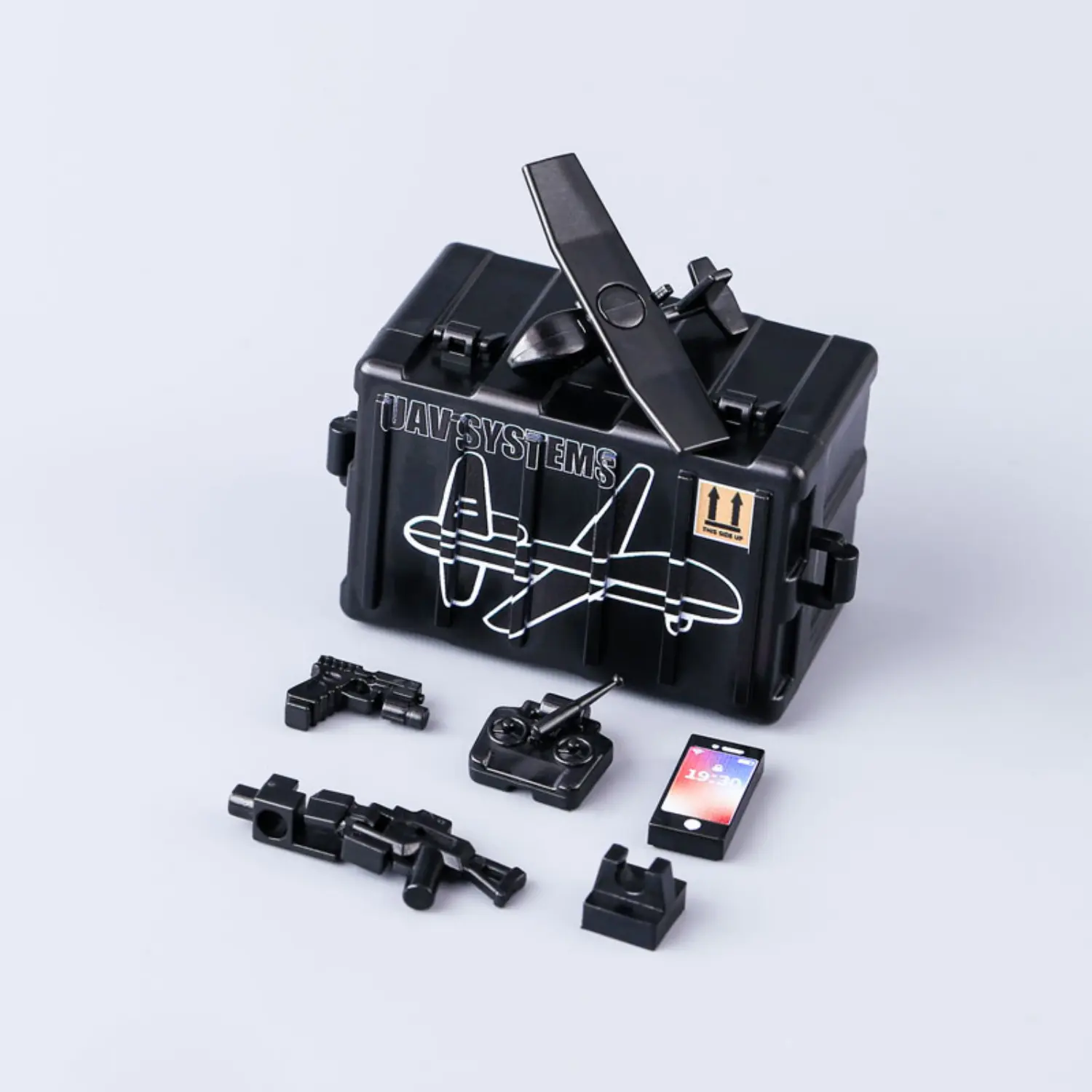 Custom Piece Miniature – military UAV (Unmanned Aerial Vehicle) system fixed-wing attack or reconnaissance drone, all in a stealthy black color – 3D Print for LEGO minifigure Custom Piece Miniature – military UAV (Unmanned Aerial Vehicle) system fixed-wing attack or reconnaissance drone, all in a stealthy black color – 3D Print for LEGO minifigure