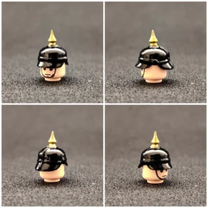Custom Piece Miniature – German Prussian Pickelhaube Spiked Helmet features a glossy black finish with a prominent gold-colored spike – 3D Print for LEGO minifigure Custom Piece Miniature – German Prussian Pickelhaube Spiked Helmet features a glossy black finish with a prominent gold-colored spike – 3D Print for LEGO minifigure