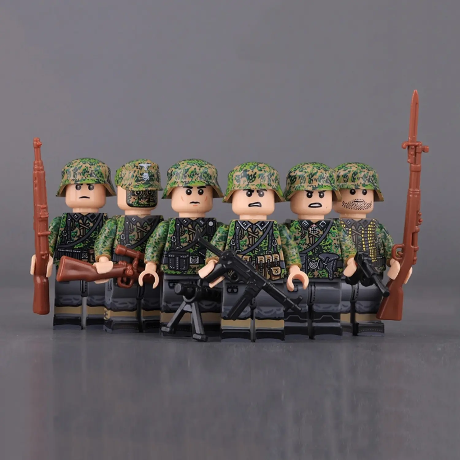 Minifigure - German Waffen-SS Infantry Squad wearing the iconic "Spring Oak Leaf" Camouflage from World War II (LEGO Compatible) Minifigure - German Waffen-SS Infantry Squad wearing the iconic "Spring Oak Leaf" Camouflage from World War II (LEGO Compatible)