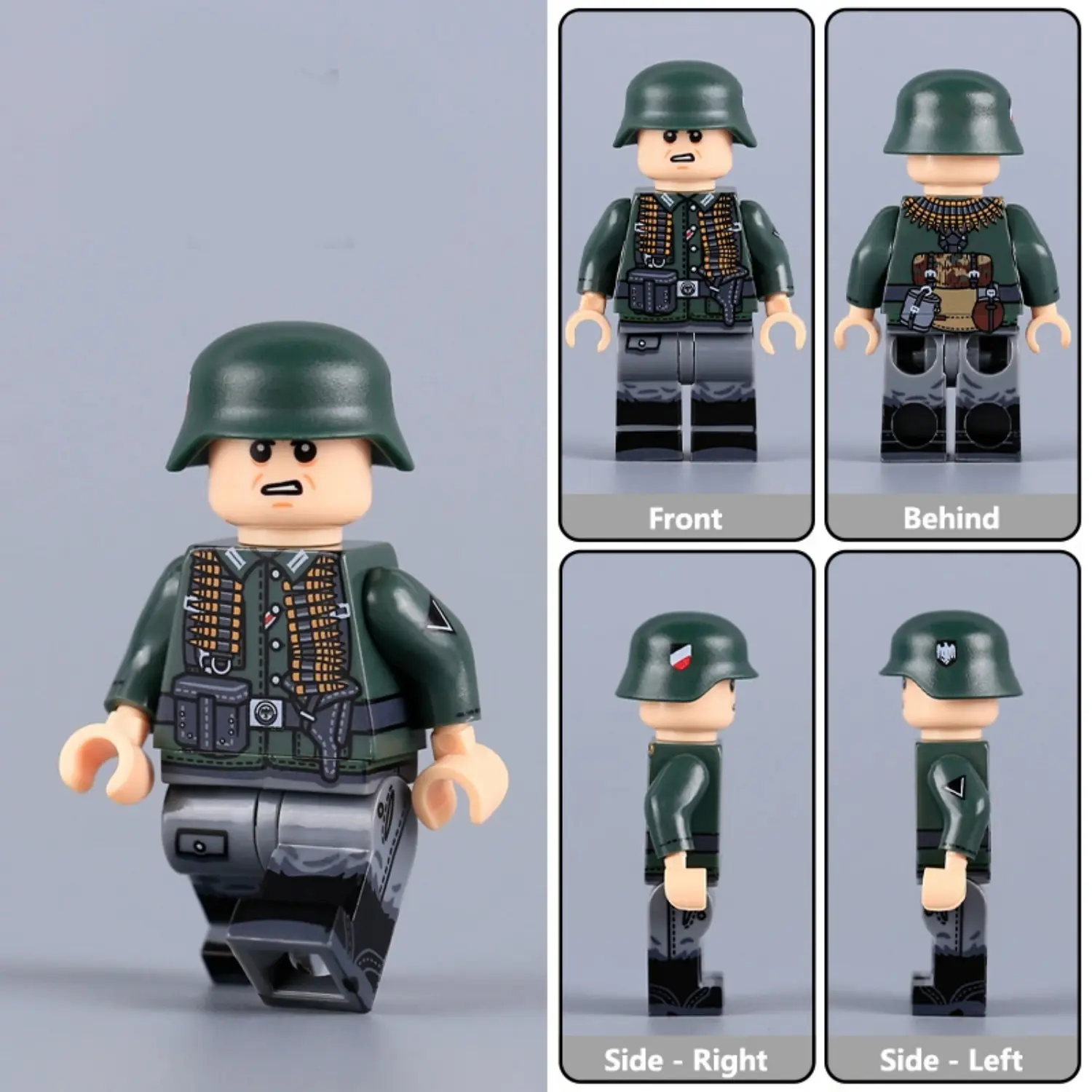 Minifigure - German Wehrmacht Soldier, specifically an MG Gunner holding the rank of Gefreiter from the early stages of World War II (LEGO Compatible)