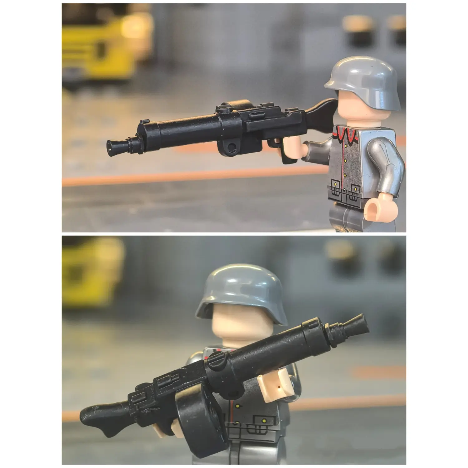 a minifigure holding the Custom Piece Miniature – MG0815 Machine Gun (Stormtrooper Variant) – 3D Print for LEGO Minifigure 3