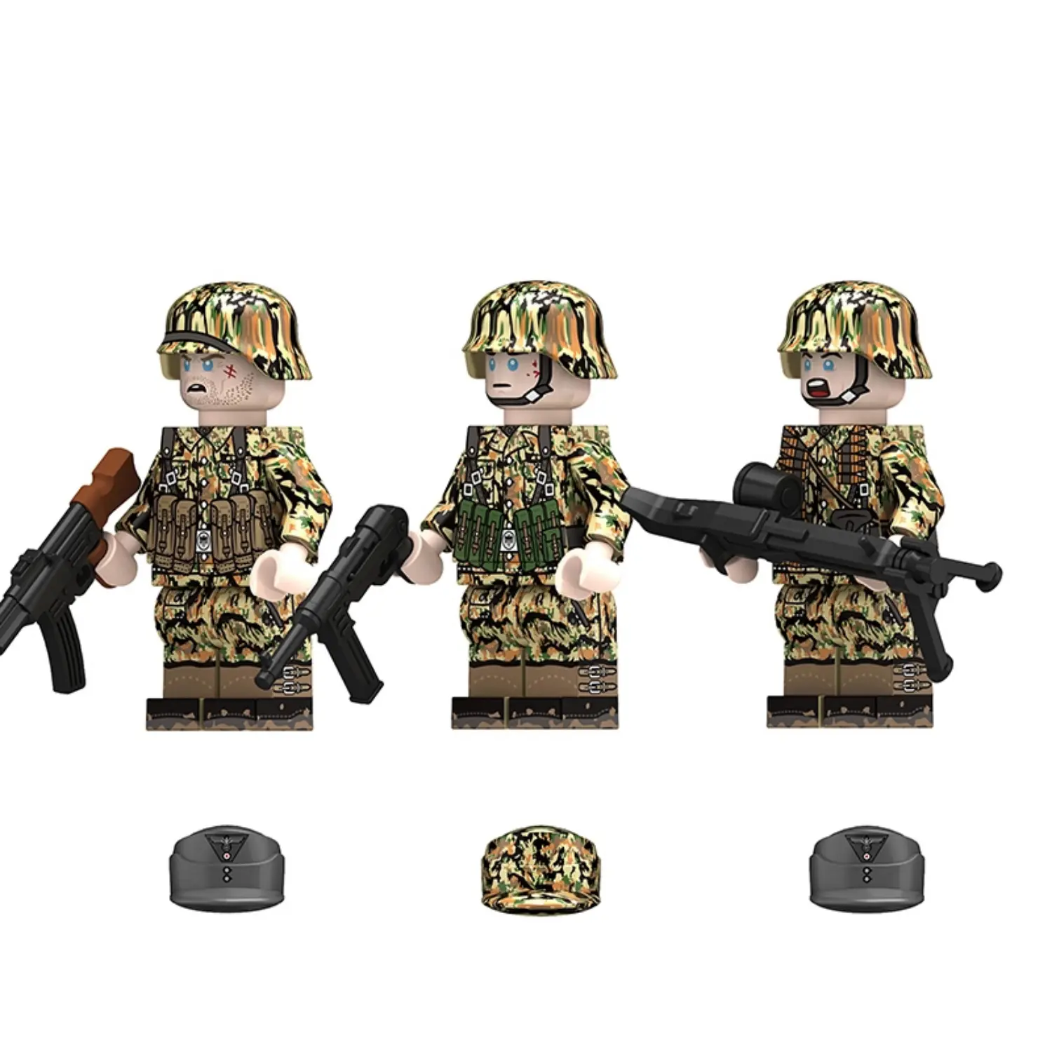 the left side of Minifigure - Late-War German Infantry Squad outfitted M45 Leibermuster Camouflage uniform from World War II (LEGO Compatible) Minifigure - Late-War German Infantry Squad outfitted M45 Leibermuster Camouflage uniform from World War II (LEGO Compatible)
