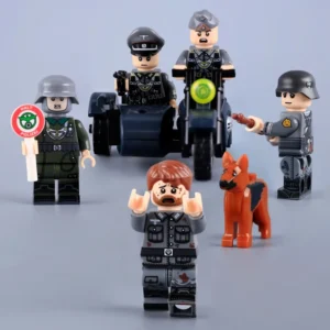 Minifigure - a full squad of German Feldgendarmerie (Military Police) using a motorcycle sidecar to intercept and arrest a fleeing German soldier WWII (LEGO Compatible) Minifigure - a full squad of German Feldgendarmerie (Military Police) using a motorcycle sidecar to intercept and arrest a fleeing German soldier WWII (LEGO Compatible)