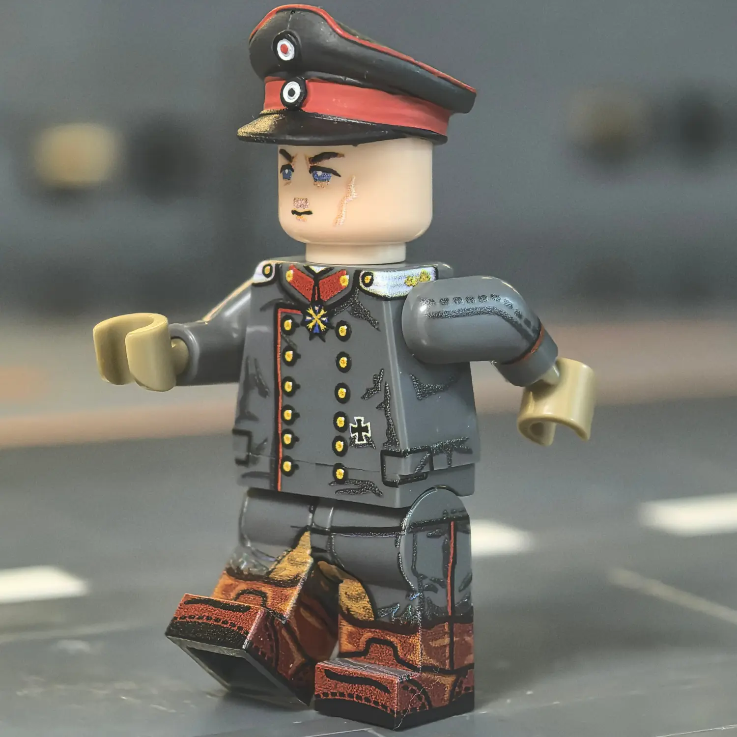 the left side of the Minifigure - Imperial German Officer - Erwin Rommel (1918 Combat Variant) WWI (LEGO Compatible) Imperial German Officer – Erwin Rommel (1918 Combat Variant) WWI - Custom Printed Brick Block Figure