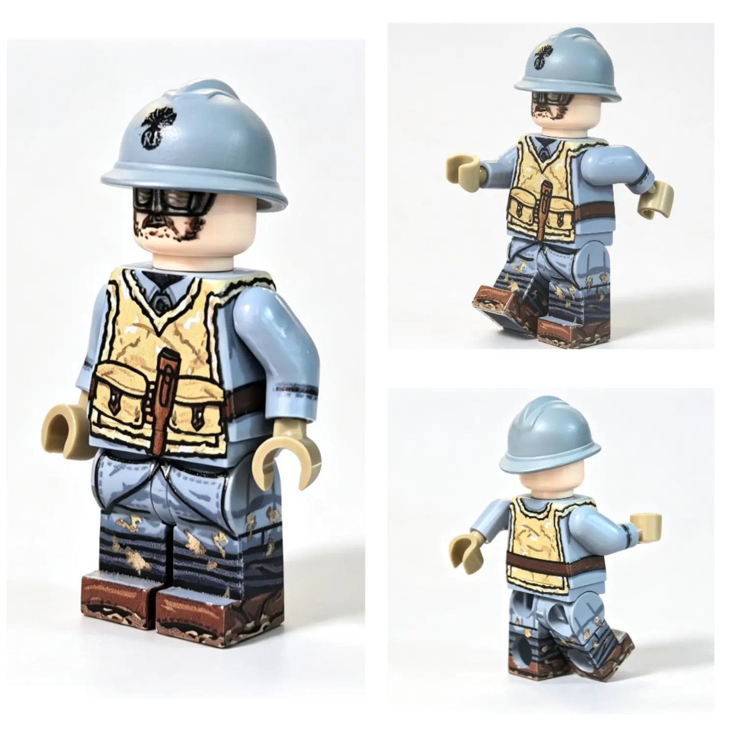All Sides Of French Trench Hunter Grenadier With Canvas Assault Vest & Combat Goggles Wwi Custom Printed Brick Block Figure
