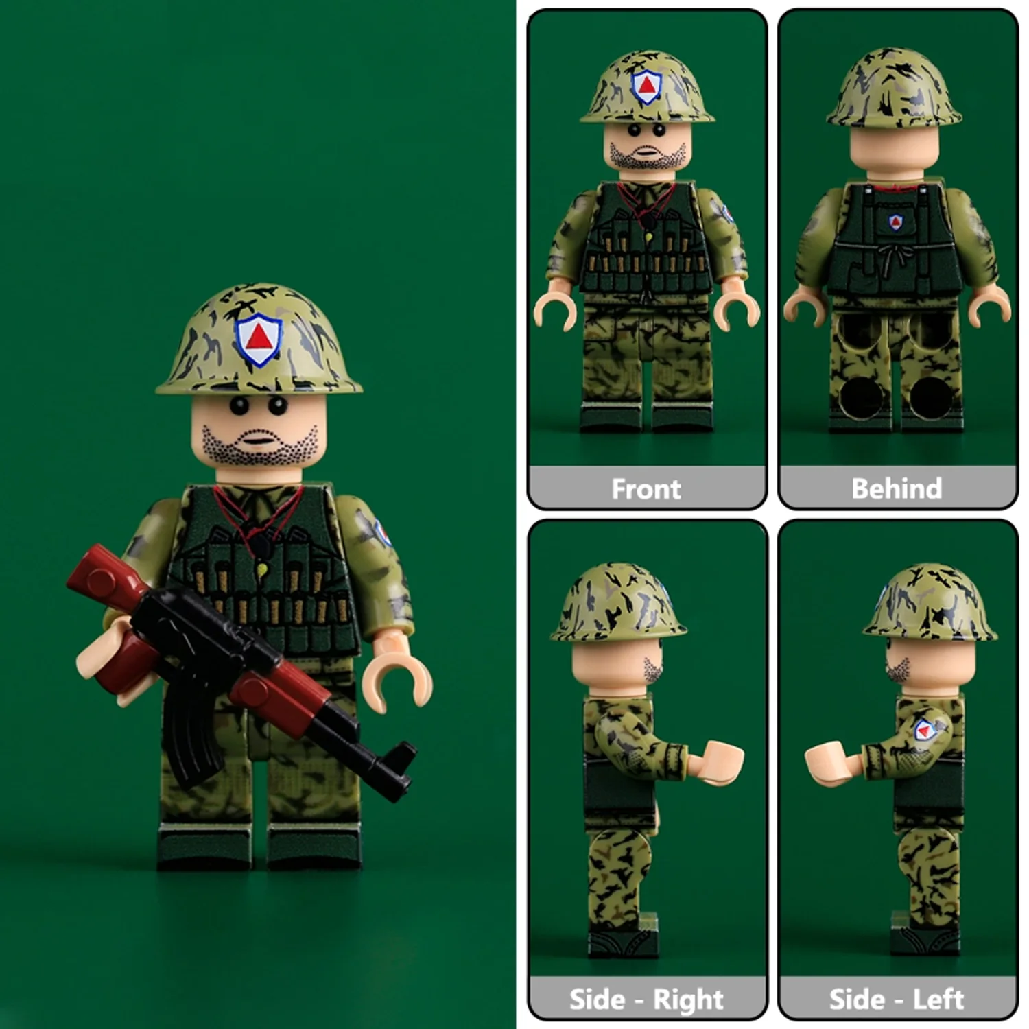 Chinese PLA Rifleman (Beard and Helmet Badge, Front Side and Rear Views) Vietnam War 1985 – Custom Printed Brick Block Figure Chinese Pla Rifleman (beard And Helmet Badge, Front Side And Rear Views) Vietnam War 1985 – Custom Printed Brick Block Figure