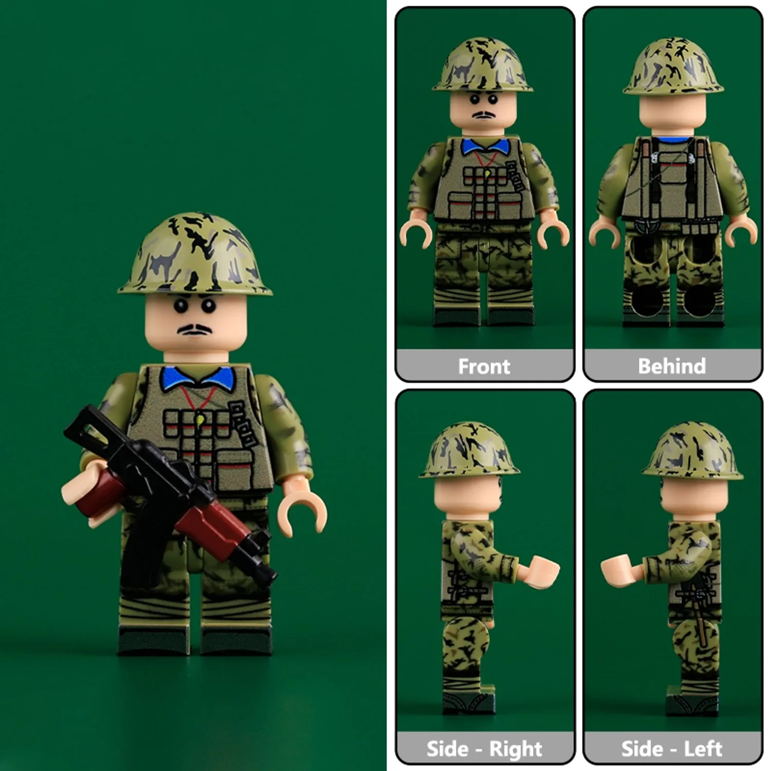 Chinese PLA Soldier (Moustache and Tan Vest, Front Side and Rear Views) Vietnam War 1985 – Custom Printed Brick Block Figure Chinese Pla Soldier (moustache And Tan Vest, Front Side And Rear Views) Vietnam War 1985 – Custom Printed Brick Block Figure