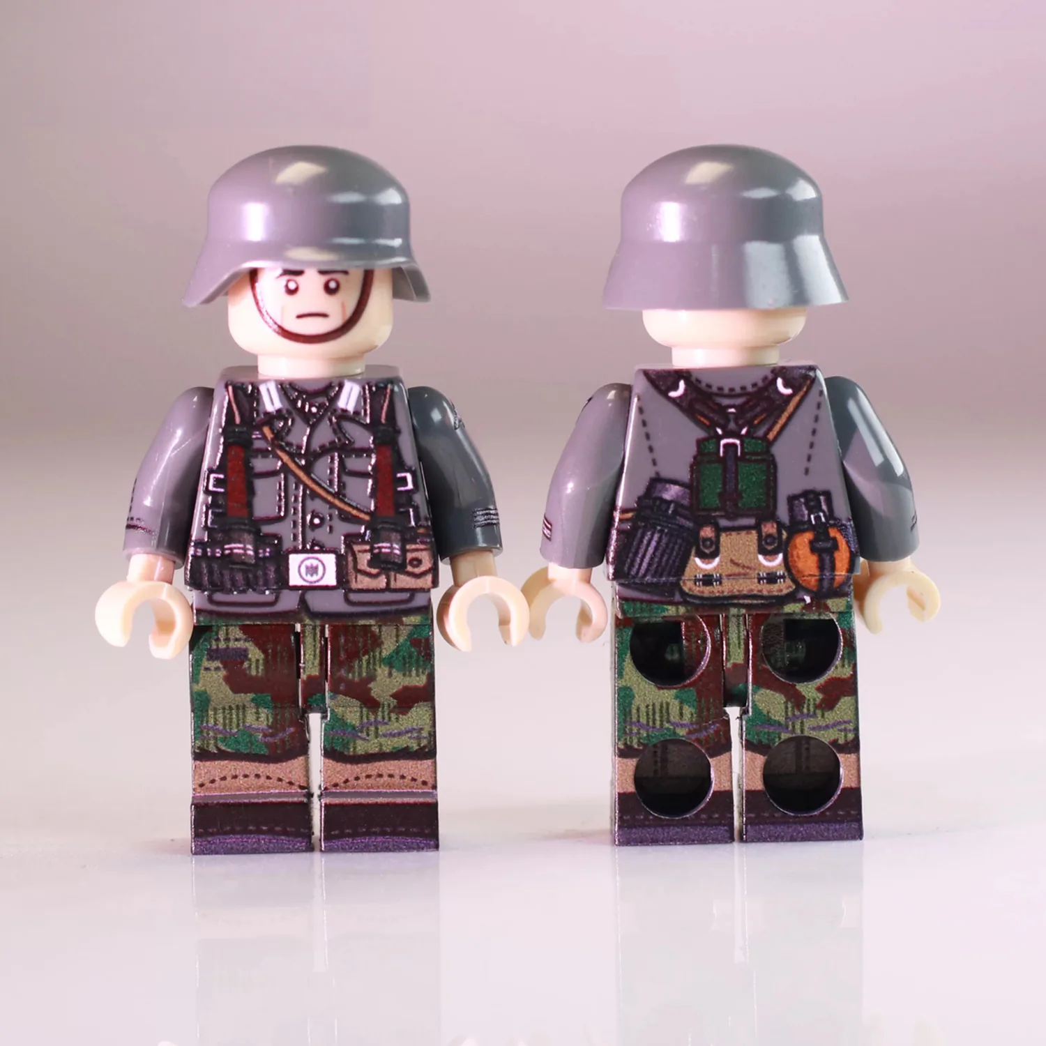 German Normandy Soldier (green Camouflage Trousers) Wwii Front And Rear Views – Custom Printed Brick Block Figure