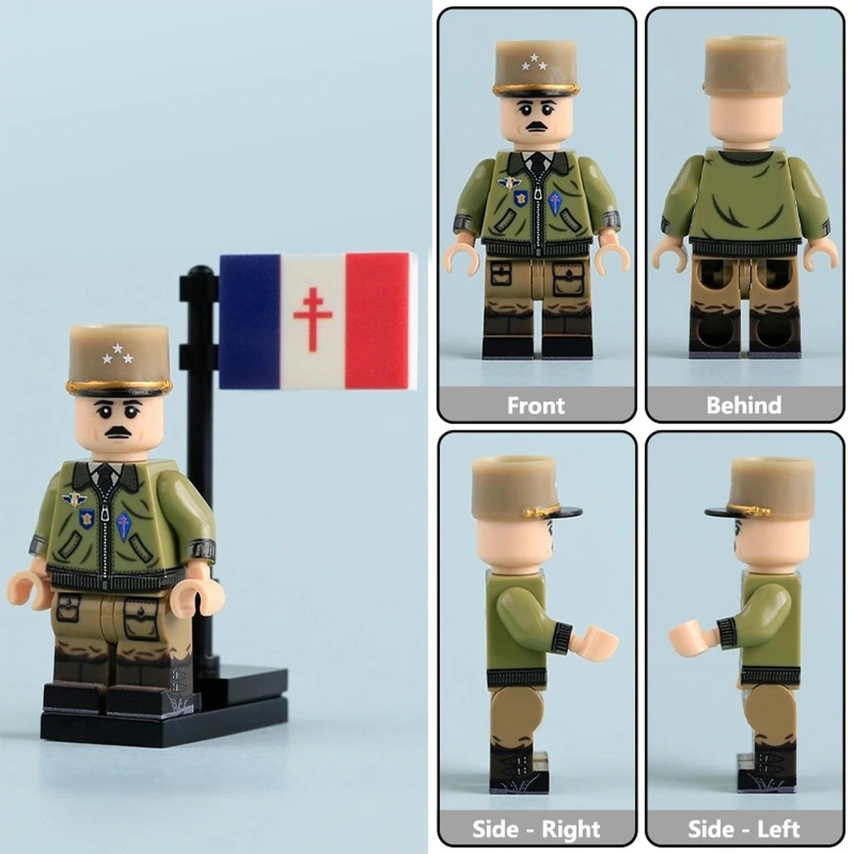 all sides of Free French Leader Major General Philippe Leclerc de Hauteclocque WWII - Custom Printed Brick Block Figure All Sides Of Free French Leader Major General Philippe Leclerc De Hauteclocque Wwii Custom Printed Brick Block Figure