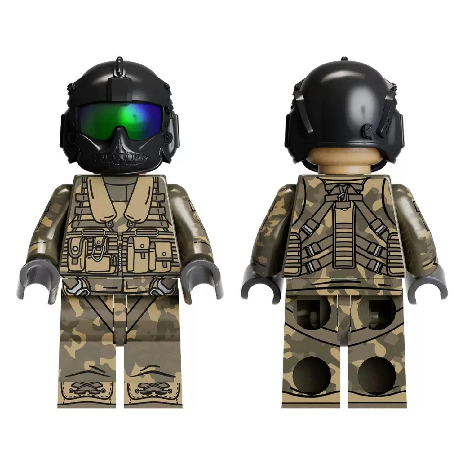 The Front And Back Of Modern Combat Black Hawk Aviation Pilot Custom Printed Brick Block Figure