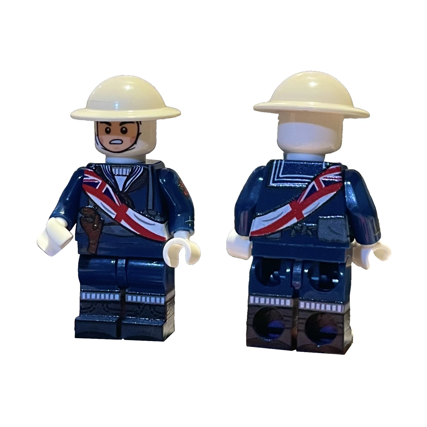 British Royal Navy Sailor with Union Jack Sash Front and Rear Views WWII – Custom Printed Brick Block Figure British Royal Navy Sailor with Union Jack Sash Front and Rear Views WWII – Custom Printed Brick Block Figure
