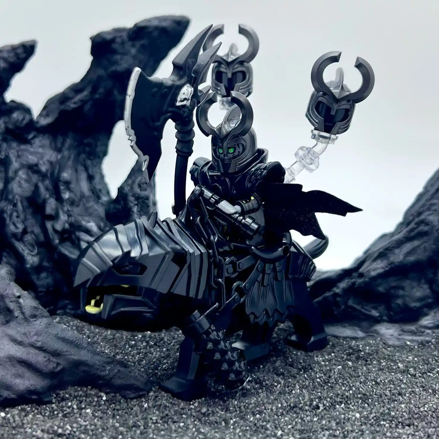 Fantasy Shadow Berserker on Armored Wolf with Skull Axe – Custom Printed Brick Block Figure