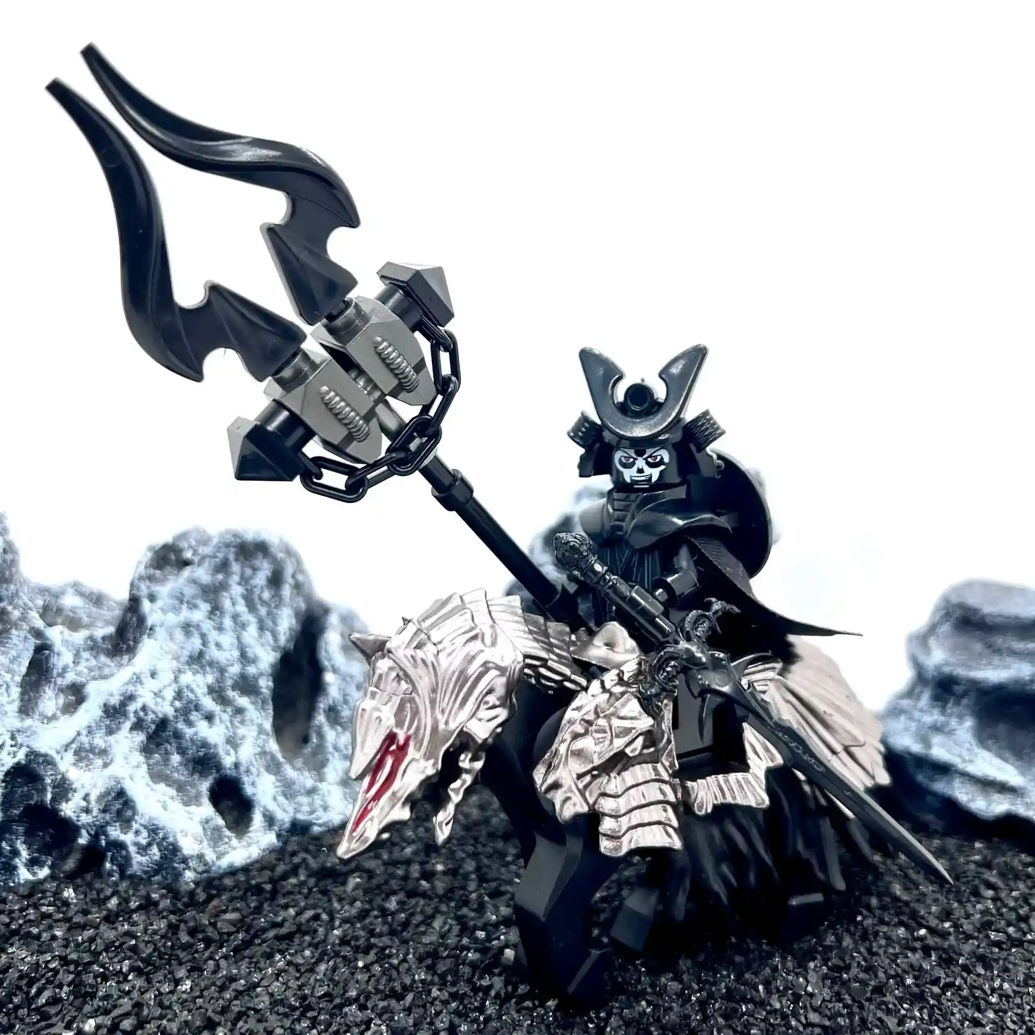Fantasy Wolf Rider Commander on Armored Wolf-Headed Horse with Bladed Polearm – Custom Printed Brick Block Figure